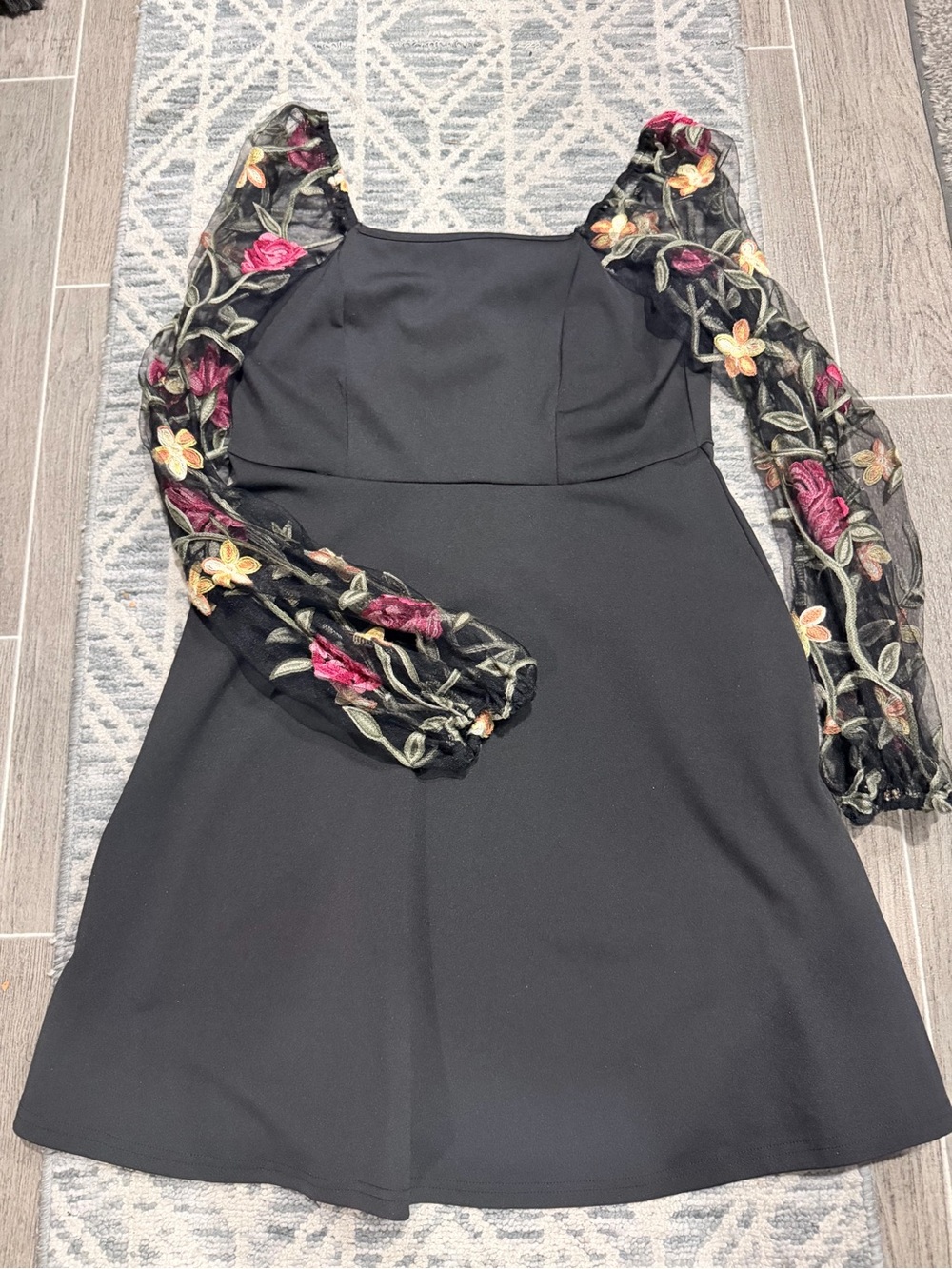 SHEIN Black A-Line Dress with Floral Embroidered Sheer Sleeves